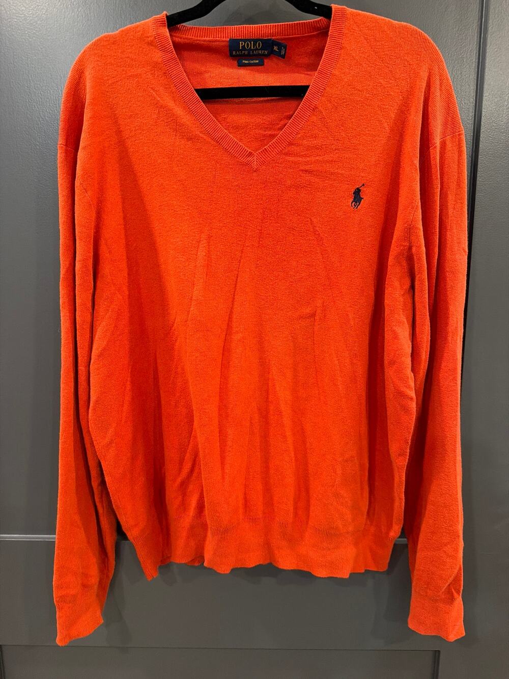 Polo Ralph Lauren Sweater Mens XLarge Orange Blue Pony Logo V-Neck Pima Classic